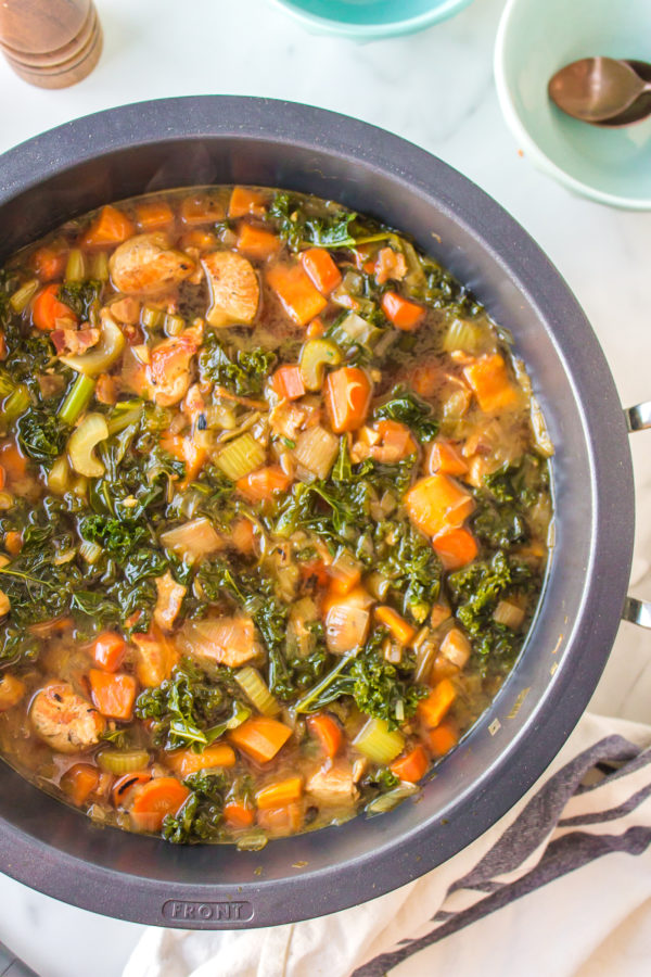smart skillet of Bacon Chicken Soup with sweet potatoes