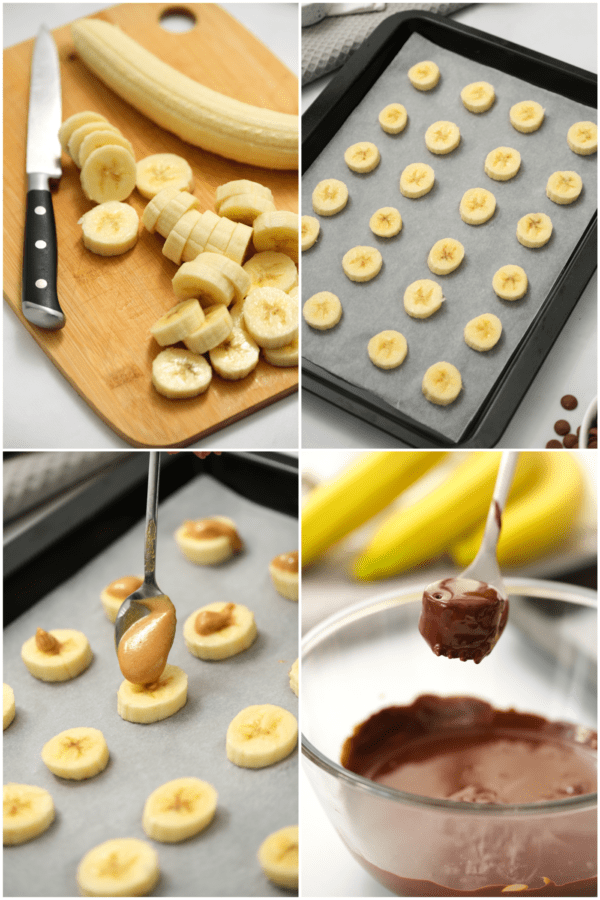 the process of making banana bites with peanut butter and chocolate