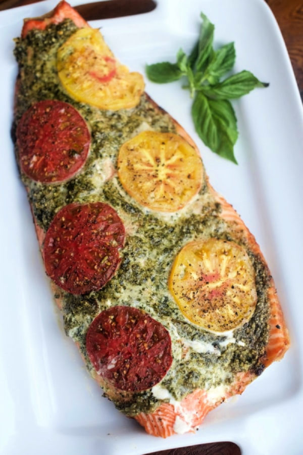Pesto with cashew on Grilled Steelhead with Heirloom Tomatoes