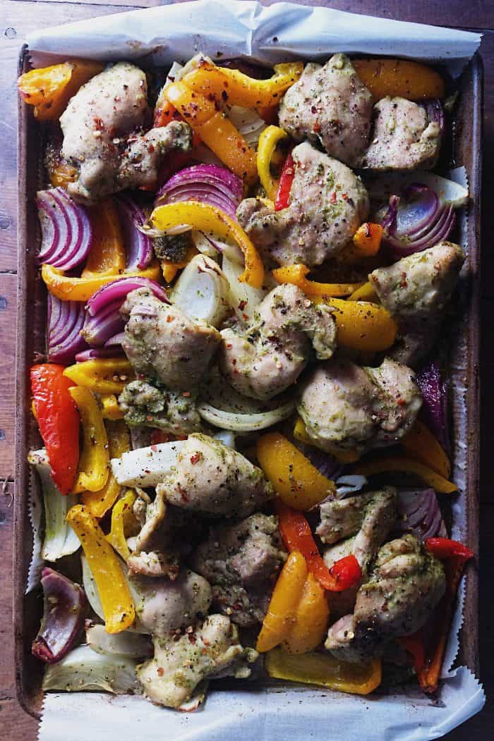 Pesto Chicken Thighs Sheet Pan Dinner