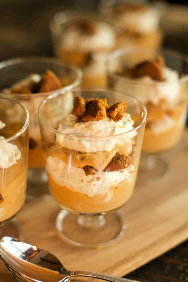 six Pumpkin Gingersnap Parfaits in glass cups