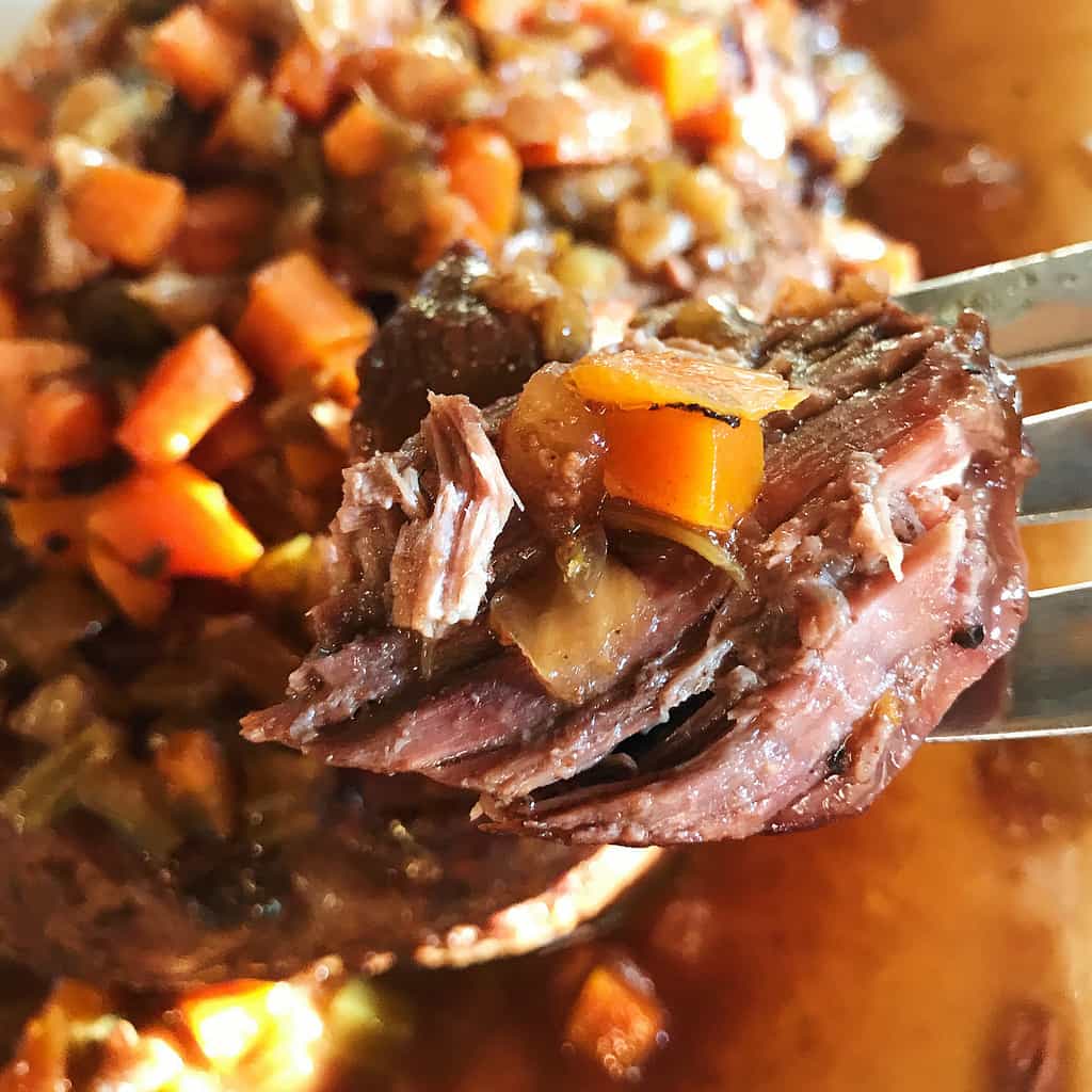 Slow Cooker Mirepoix Roast Beef - Reluctant Entertainer