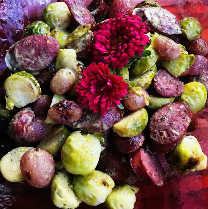 Sausage Grape Roasted Brussles Sprouts Side Dish