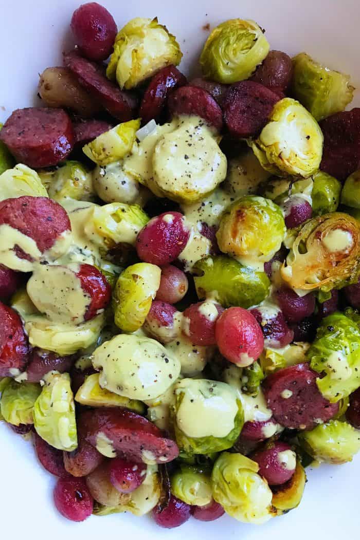 Sausage Grape Roasted Brussles Sprouts Side Dish