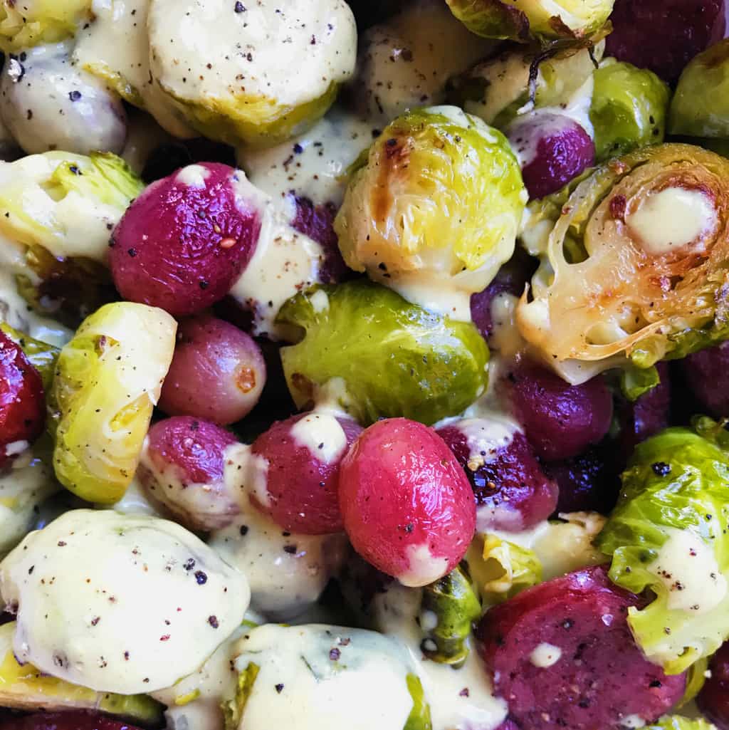 Watch Brussels Sprouts with Sausage and Grapes on Creamy Polenta video Watch Brussels Sprouts with Sausage and Grapes on Creamy Polenta video