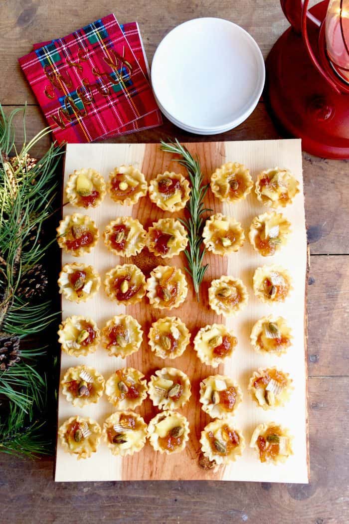 holiday tray of Marmalade Pistachio Brie Mini Tartlets