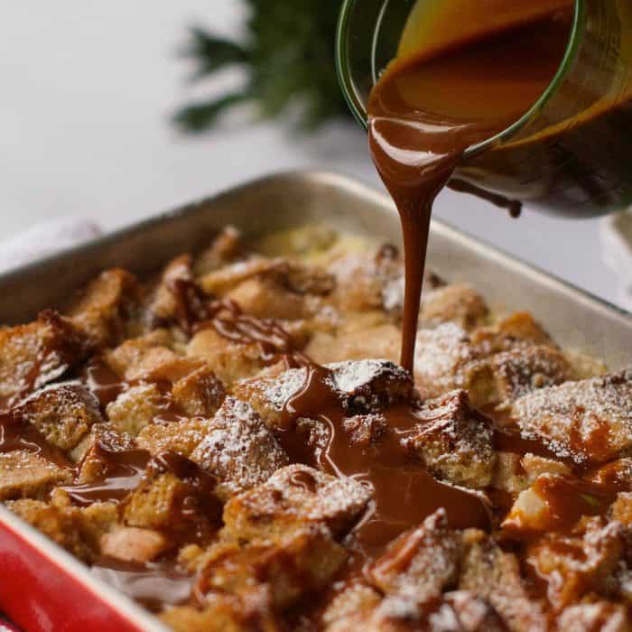 Pear Bread Pudding with drizzled Caramel Sauce