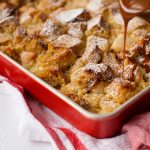 pouring caramel on Pear Bread Pudding