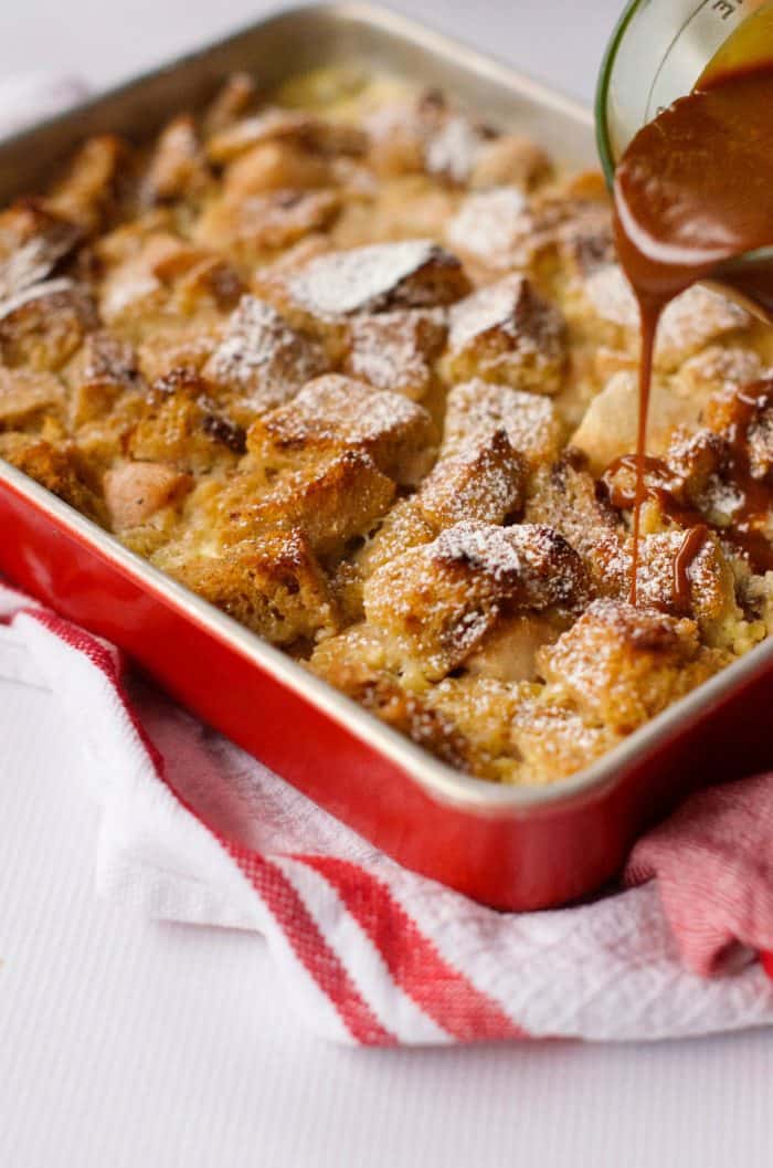 out of the oven Pear Bread Pudding with Caramel Sauce Recipe