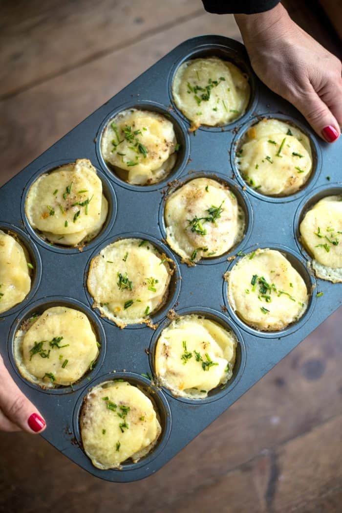 Potato Gratin Muffin Stacks in a muffin tin