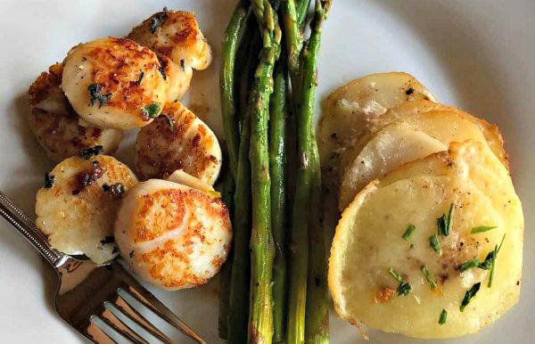 side dish potato stacks with brown butter scallops