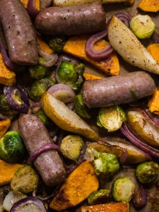 Brussels Sprout Pear Bratwurst Sheet Pan Dinner