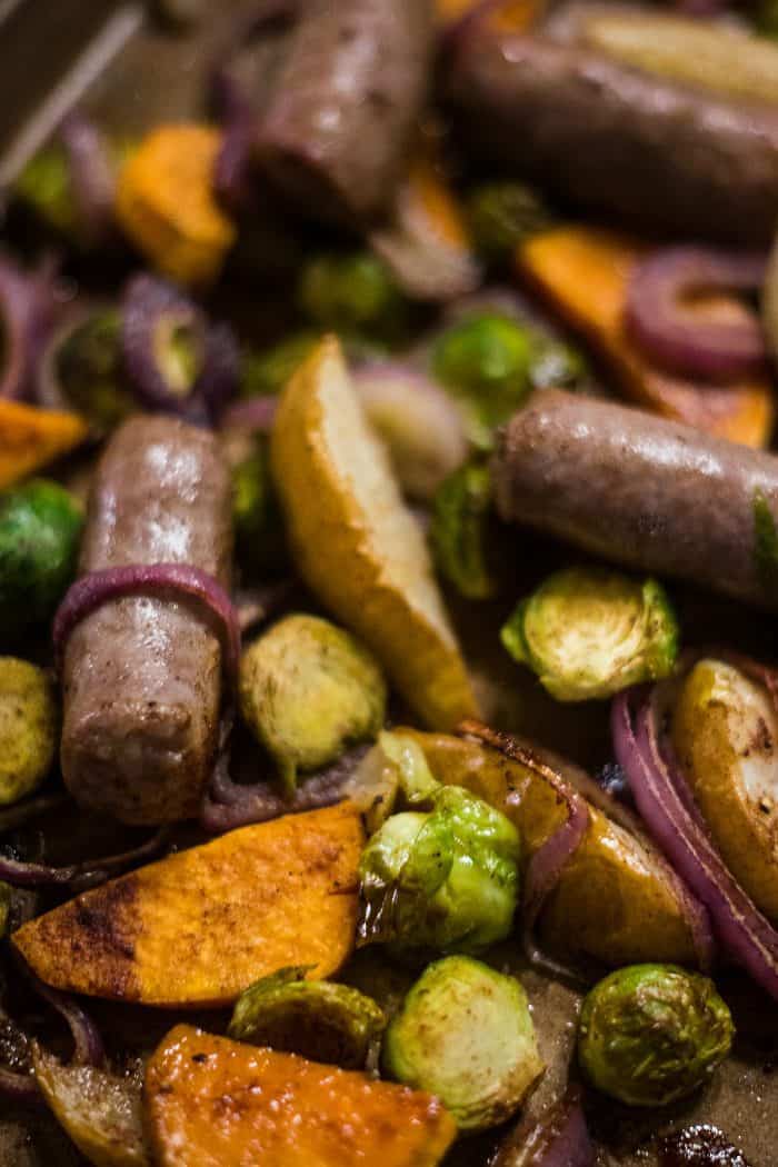 Brussels Sprout Pear Bratwurst Sheet Pan Dinner