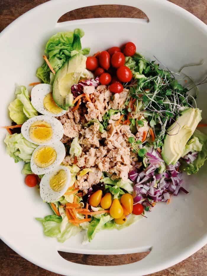 bowl of Skinny Pink Salmon Green Salad Recipe