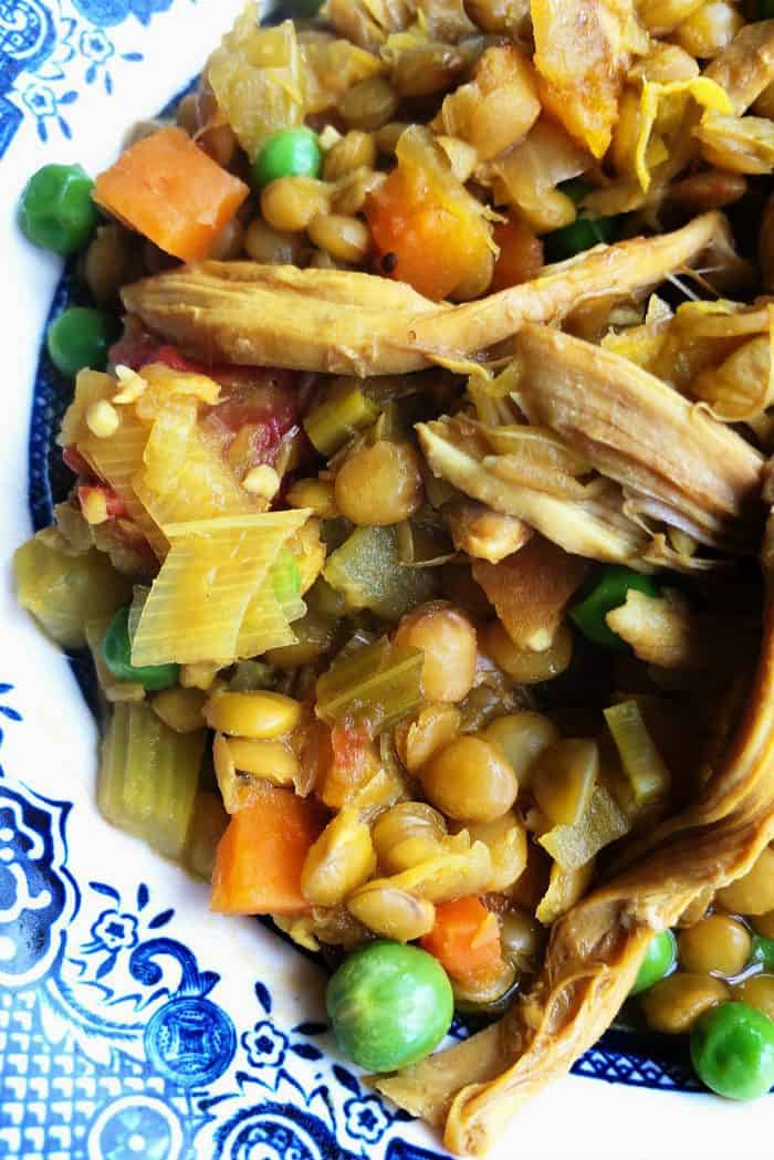 close up shot of Chicken Curry Crock Pot Lentil Soup