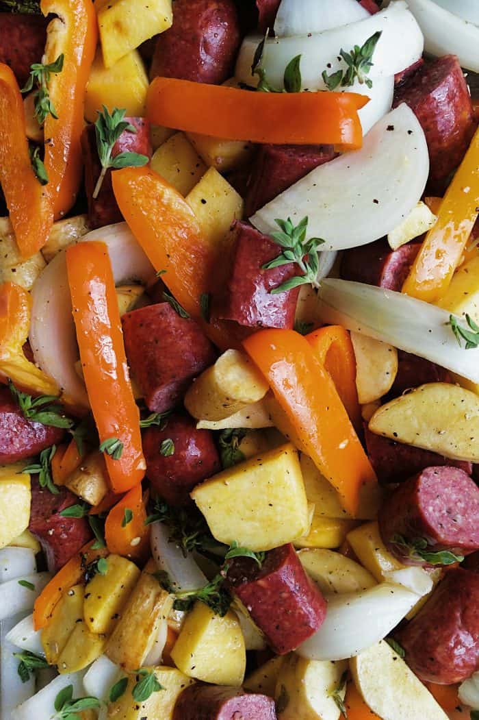 Parsnips Rutabaga Sausage Sheet Pan Dinner