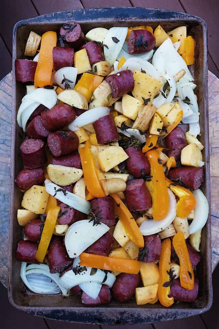 Parsnips Rutabaga Sausage Sheet Pan Dinner