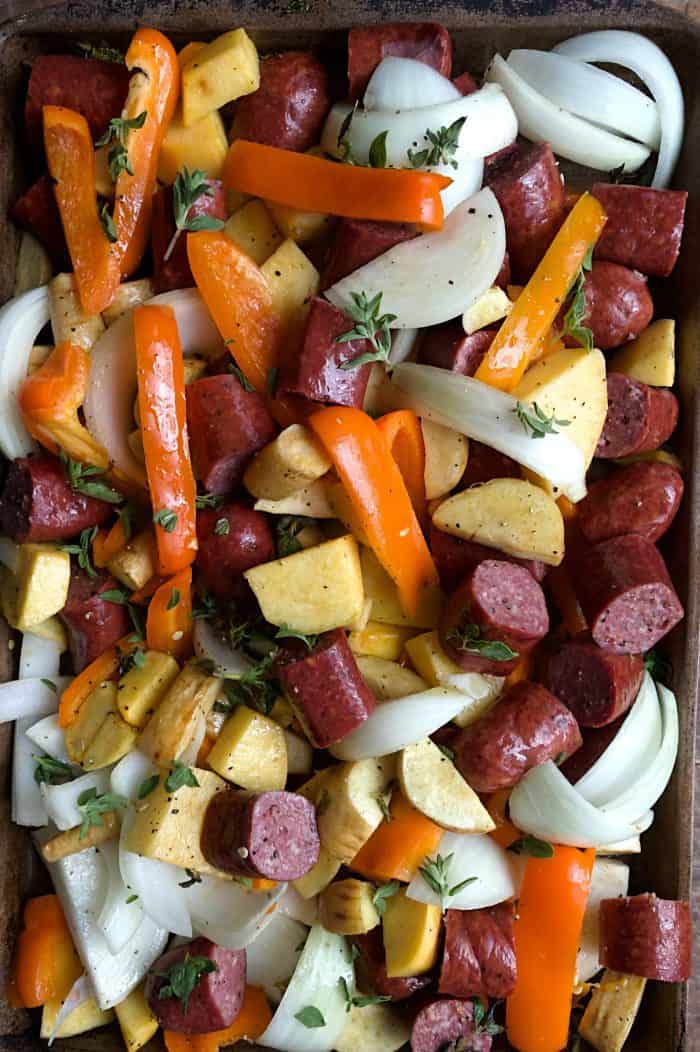 Parsnips Rutabaga Sausage Sheet Pan Dinner