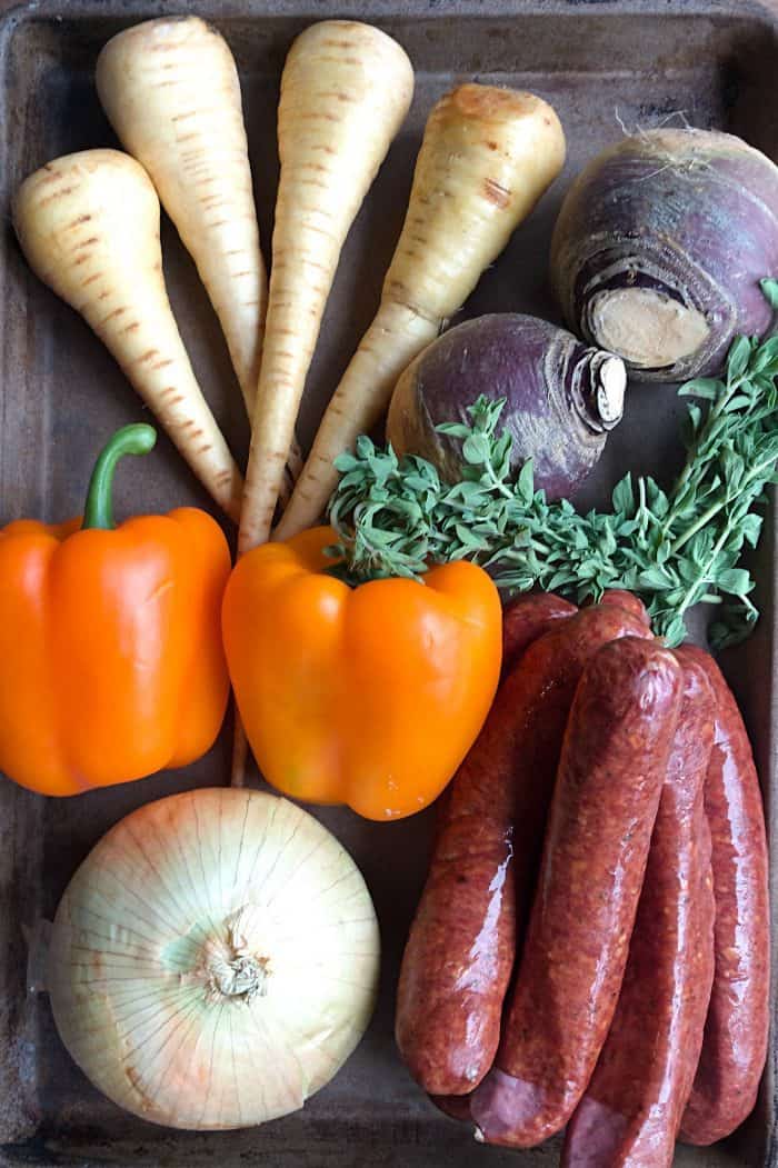 Parsnips Rutabaga Sausage Sheet Pan Dinner