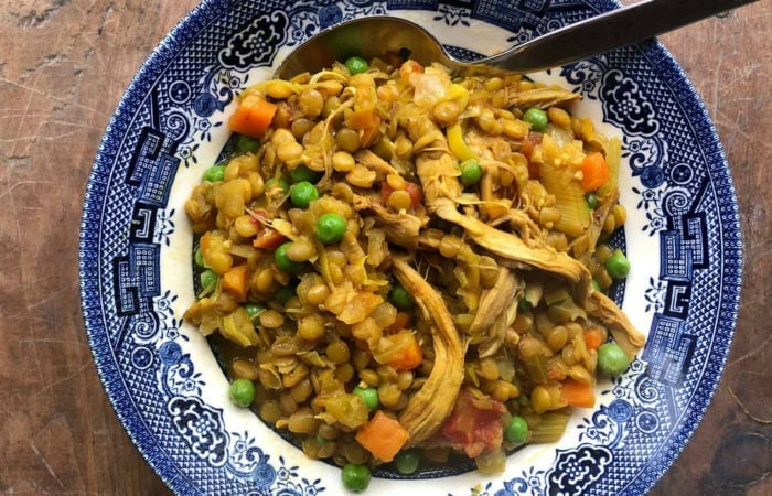 blue bowl of Chicken Curry Lentil Soup