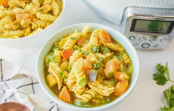 a serving of Chicken & Sweet Potato Soup with Turmeric