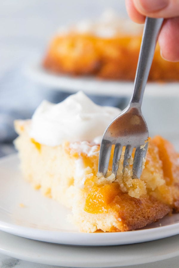 taking a bite of cake with fork (peach cake)