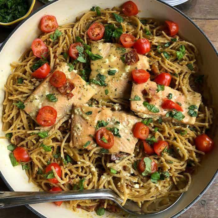 Best Salmon Spaghetti Carbonara Recipe from ReluctantEntertainer.com #trustGortons