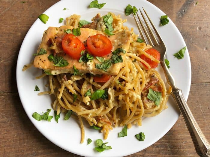 Easy Salmon Spaghetti Carbonara Recipe from ReluctantEntertainer.com #trustGortons