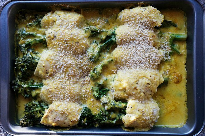 9x13 pan of cooked chicken divan with broccolini and curry sauce