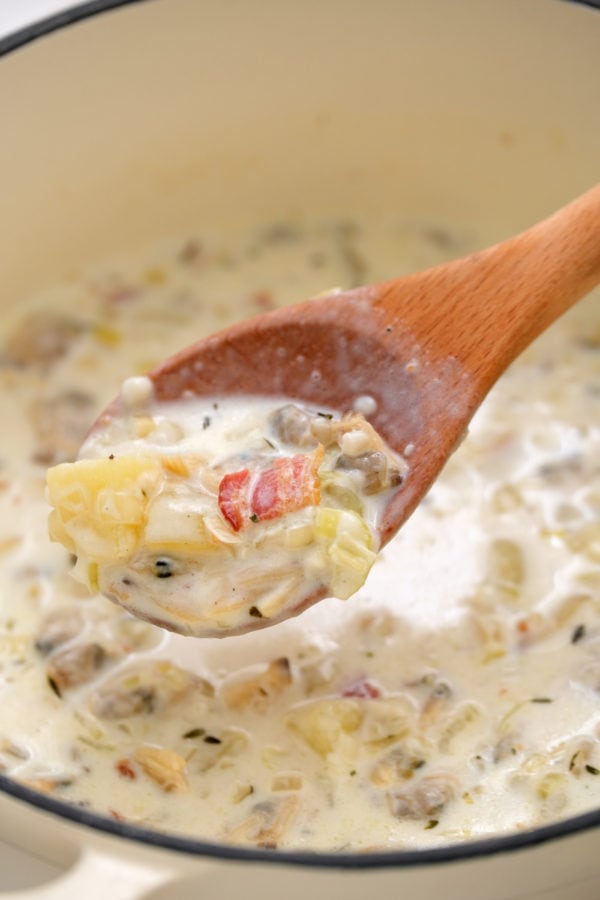 upclose spoonful of best clam chowder