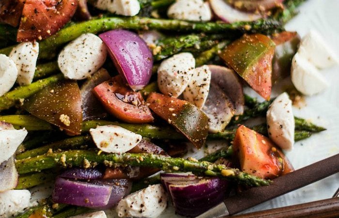 close up view of Pesto Asparagus Caprese Salad Recipe