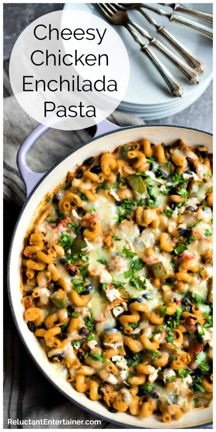 one pot dish of chicken enchilada pasta