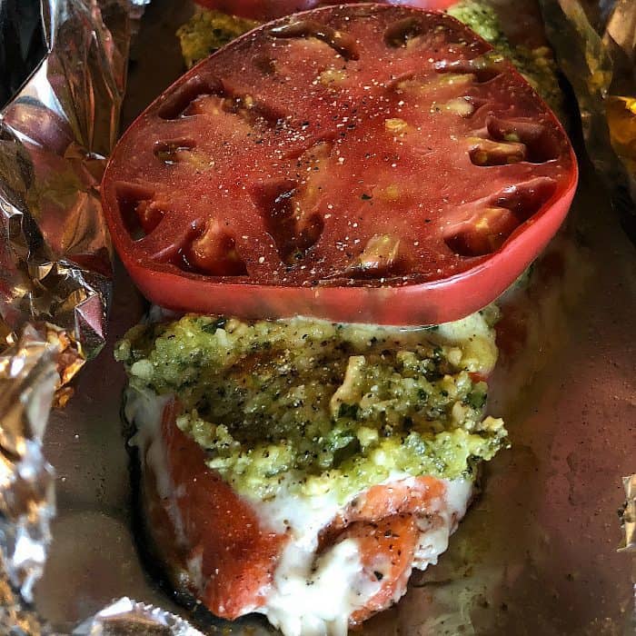 Dairy-Free Cashew Pesto Wild Sockeye Salmon with Heirloom Tomato