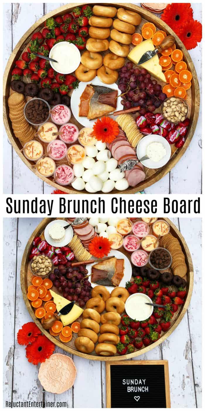 Big round beautiful Sunday Brunch Cheese Board with salmon, boiled eggs, mini bagels, and more