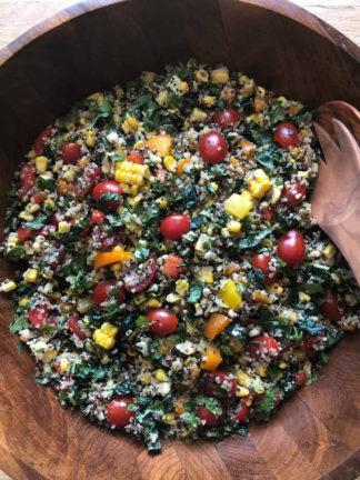 Southwest Kale Quinoa Salad in a brown bowl