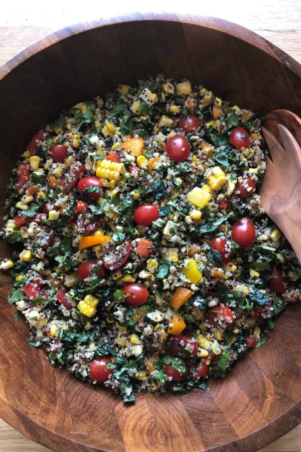 Southwest Kale Quinoa Salad in a brown bowl