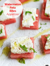 squares of watermelon with feta and basil drizzle