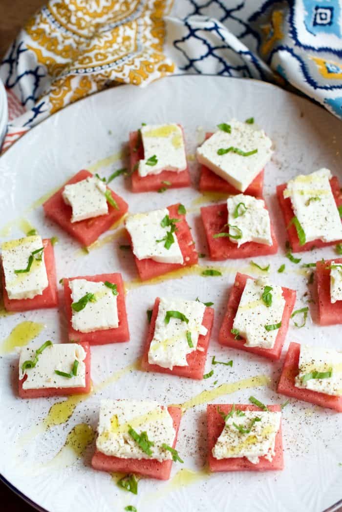 Easy Watermelon Feta Bites Appetizer on white plate