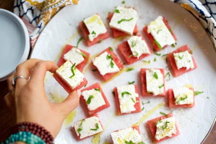 square bite of Watermelon Feta Appetizer