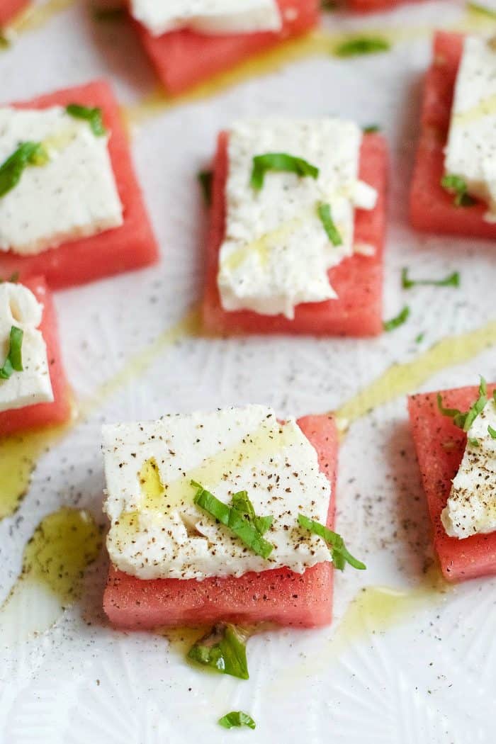 up close bite of Watermelon Feta Appetizer