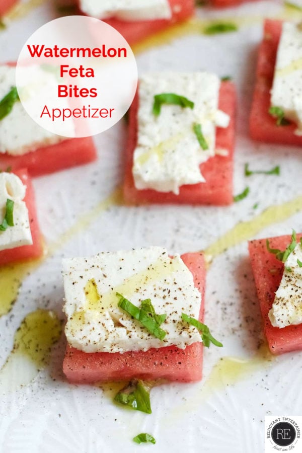 squares of watermelon with feta and basil drizzle