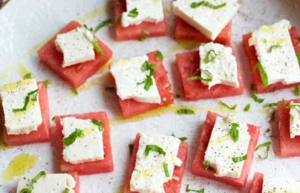 small squares of watermelon bites with feta cheese