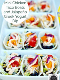 a tray of Mini Chicken Taco Boats and Jalapeño Greek Yogurt Dip