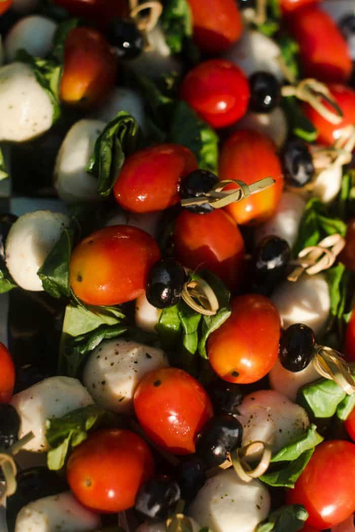 plate of July Blueberry Caprese Skewers