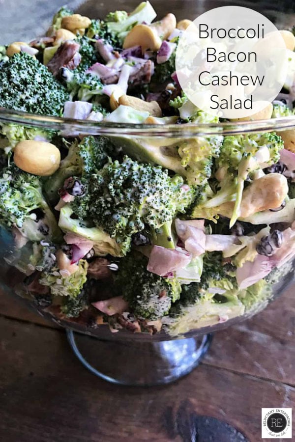 glass bowl of Broccoli Bacon Cashew Salad
