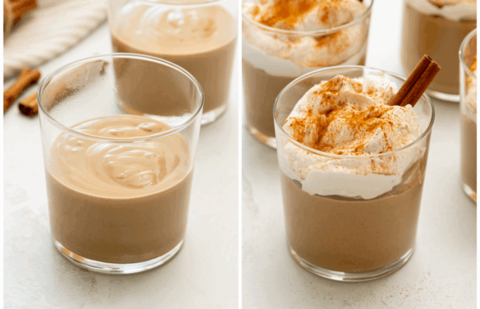 adding whipped cream to pudding