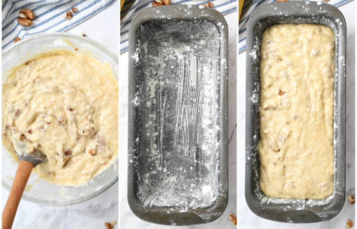 preparing loaf pan to make banana bread