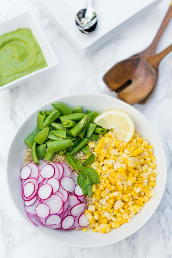 Quinoa Radish Corn Salad Recipe with Green Goddess Dressing