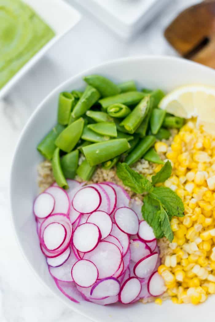Fresh Quinoa Radish Corn Salad Recipe with Green Goddess Dressing