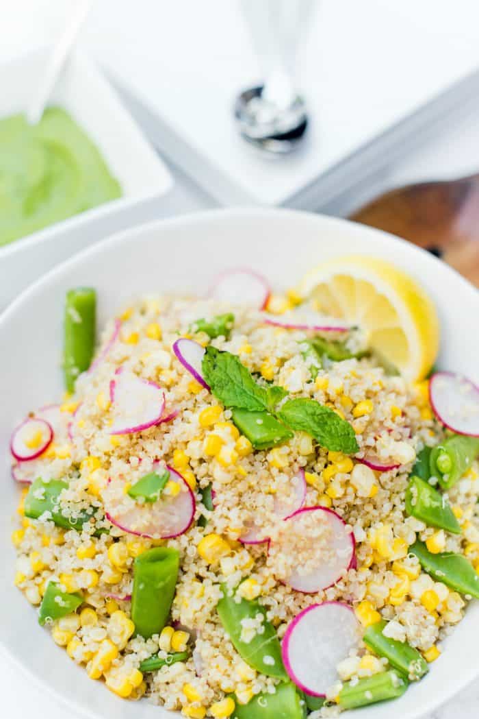 Summer Quinoa Radish Corn Salad Recipe with Green Goddess Dressing